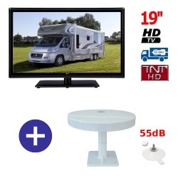 TELEVISEUR CAMPING CAR ATV19HD + ANTENNE OMNIVISION PIED VENTOUSES